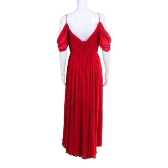 Badgley Mischka Gown Formal Maxi Dress Size 20 Red Pleated Cold Shoulder - Picture 3 of 10